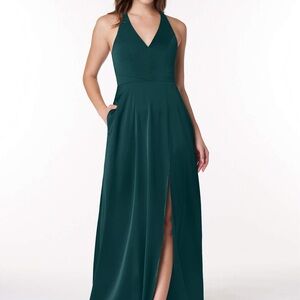 Azazie Ceria A-Line V-Neck Stretch Satin Floor-Length Dress Pine size A4